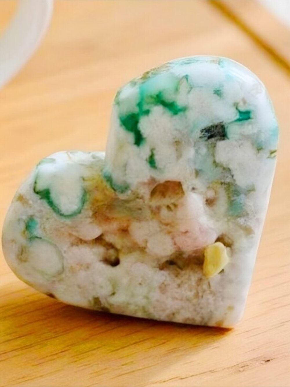 Hand Crafted Cherry Blossom Agate Polished Palm Stone Heart Shaped Green White
